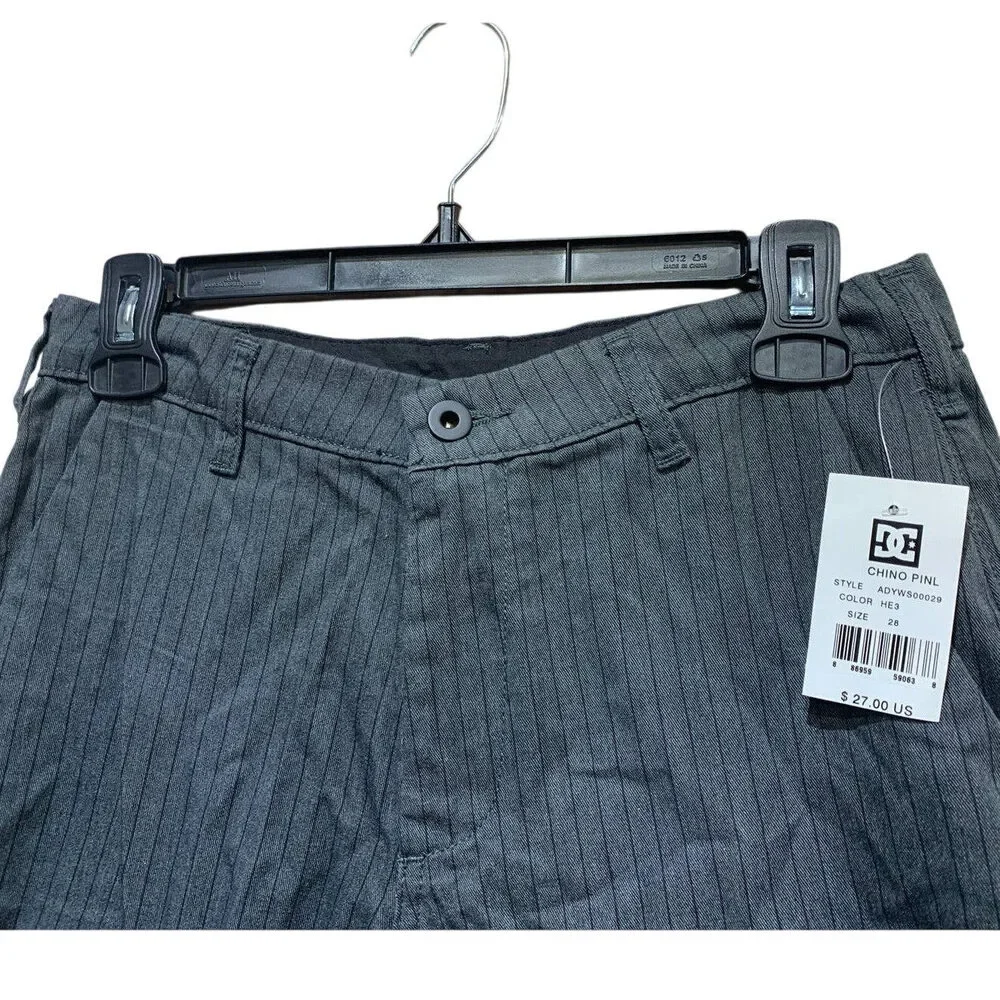 New DC Shoes Size 28 Black on Gray Pinstripe Chino Long Board Shorts w Pockets
